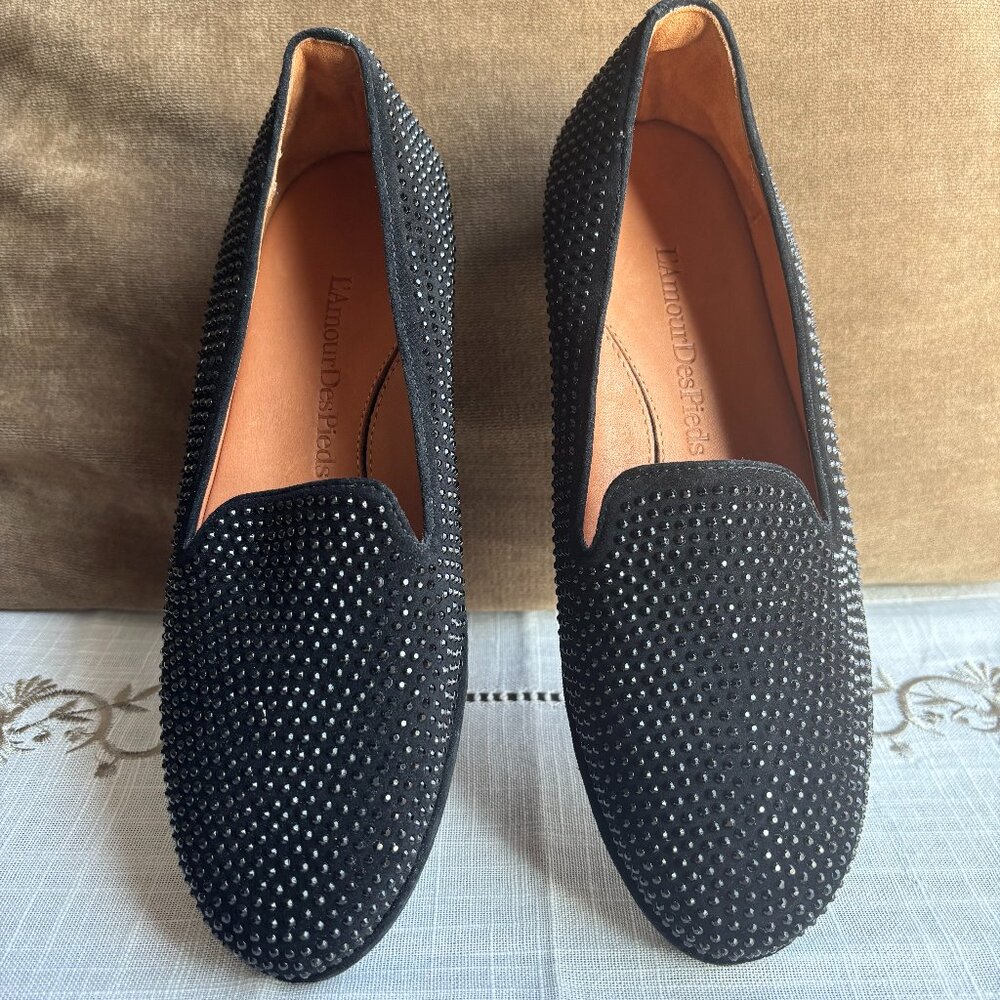 L'Amour Des Pieds, Black Cushioned Flats w/ Black Crystal Beading, Size 9